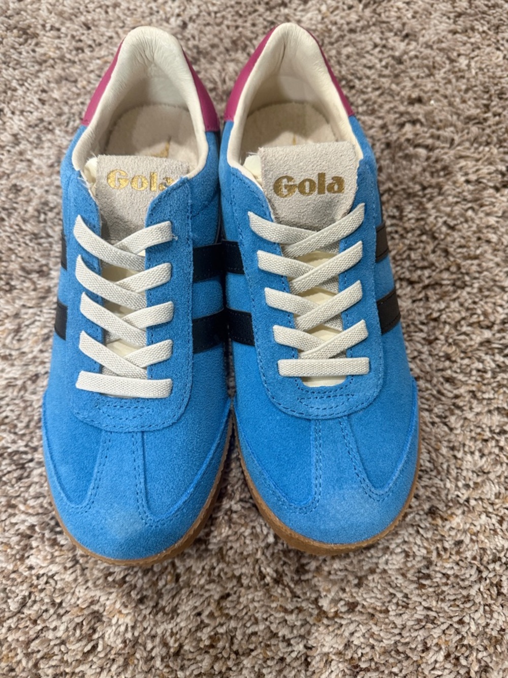 Gola Blue Suede Sneakers with Black Stripes and Pink Heel Accent